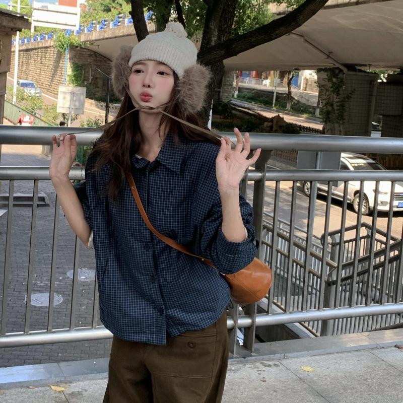 Winter new loose stacked down cotton padded plaid shirt women's college style small coat
