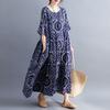 Vintage Women Cotton Linen Dress Print Spliced Striped O Neck Short Sleeve Pocket Loose Dress
