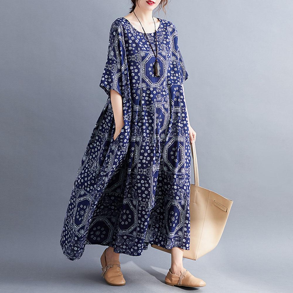 Vintage Women Cotton Linen Dress Print Spliced Striped O Neck Short Sleeve Pocket Loose Dress