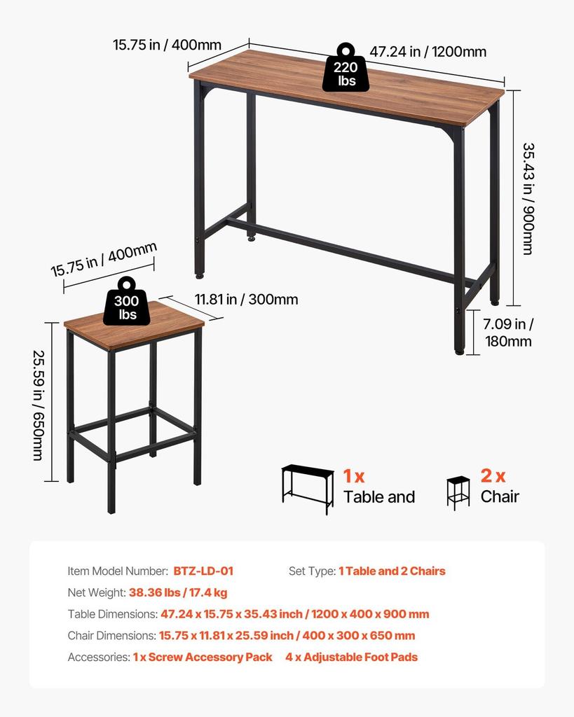 Bar Table, 3PCS 1193.8mm Bars Tables Set, Bar Tables and Chair Set with Rounded Edge Design, Rectangular Pub Table with Two Stools for Office Desk,