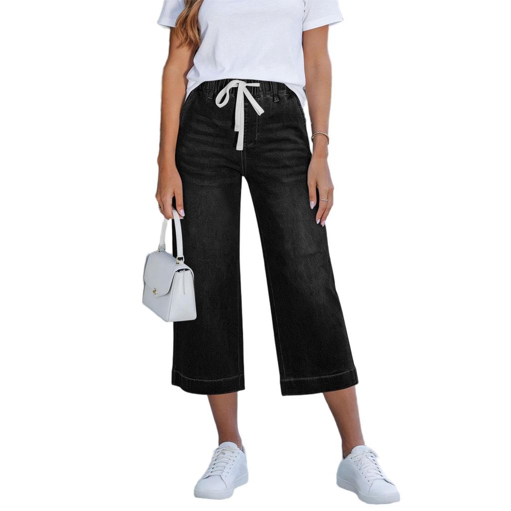 Jeans da donna a vita alta elasticizzati svasati a gamba dritta larghi alla moda orlo pantaloni denim