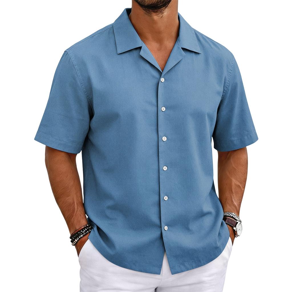 Men's Short Sleeve Cuban Collar Shirt Button Down Casual Lightweight Summer Shirt with Relaxed Fit Breathable Fabric