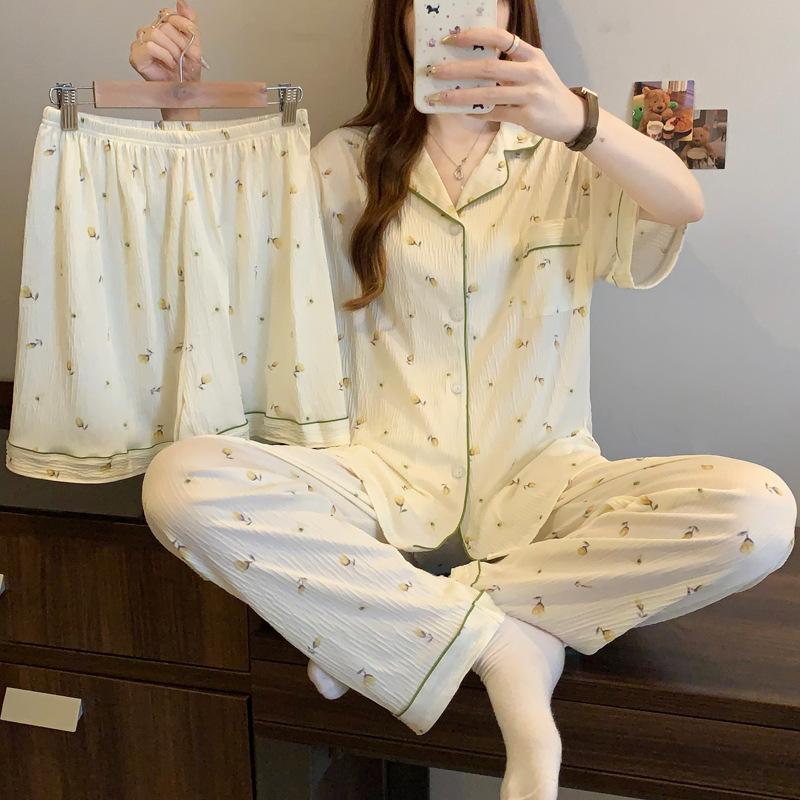 Gentle Tulip Full Print Pajamas Women'S Summer Monsoon Short Sleeves Sweet Wind Loungewear Three-Piece Set