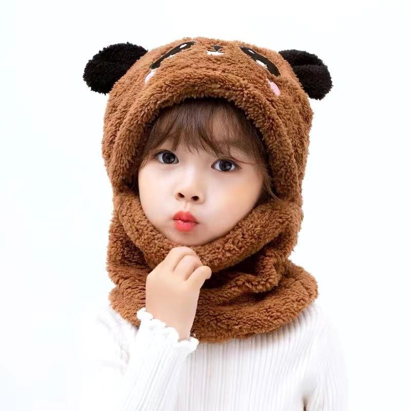 1 Set Autumn Winter Cute Plush Children Scarf Hat 2 In 1 Boys Girls Fleece Warmth Hooded Scarf Set