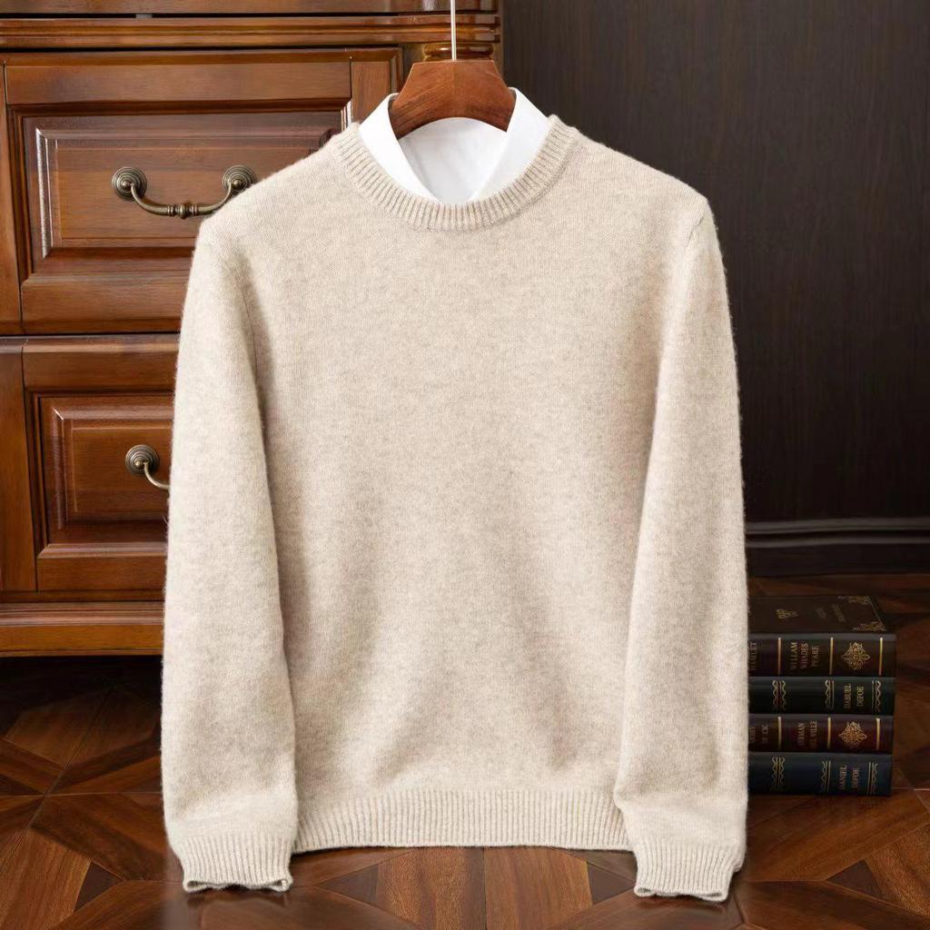 Men's Round Neck Pure Wool Pullover Sweater – Solid Color Knit Base Layer
