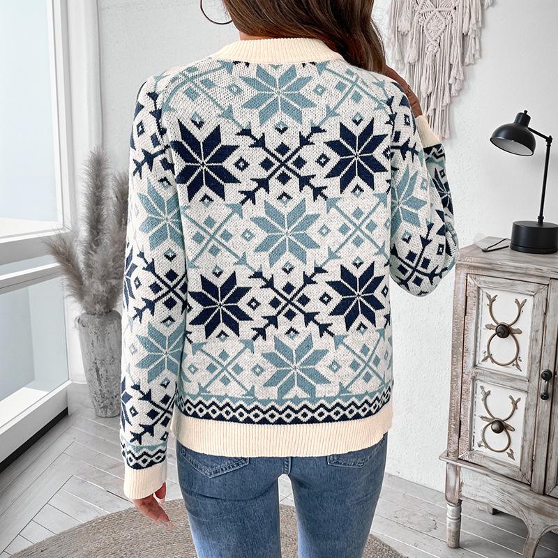 2026 Autumn/Winter Retro Nordic Snowflake Sweater: Women's Long Sleeve, Round Neck Geometric Pattern