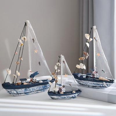 Hölzernes Segelbootmodell für die Küste Rustikale maritime Schiffsfigurine mit Muschel und Seestern Strand Meeres-Thema Tischdekoration für Wohnzimmer Schlafzimmer