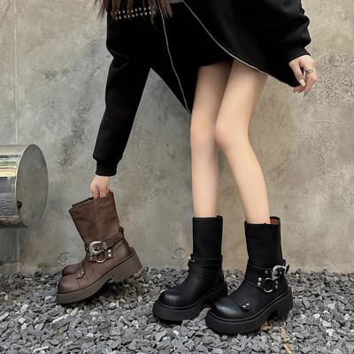 Fashion Punk Style Belt Buckle Heightened Thick-Soled Cowhide Martin Boots Winter Thick Medium Heel Leather Medium Boots Children