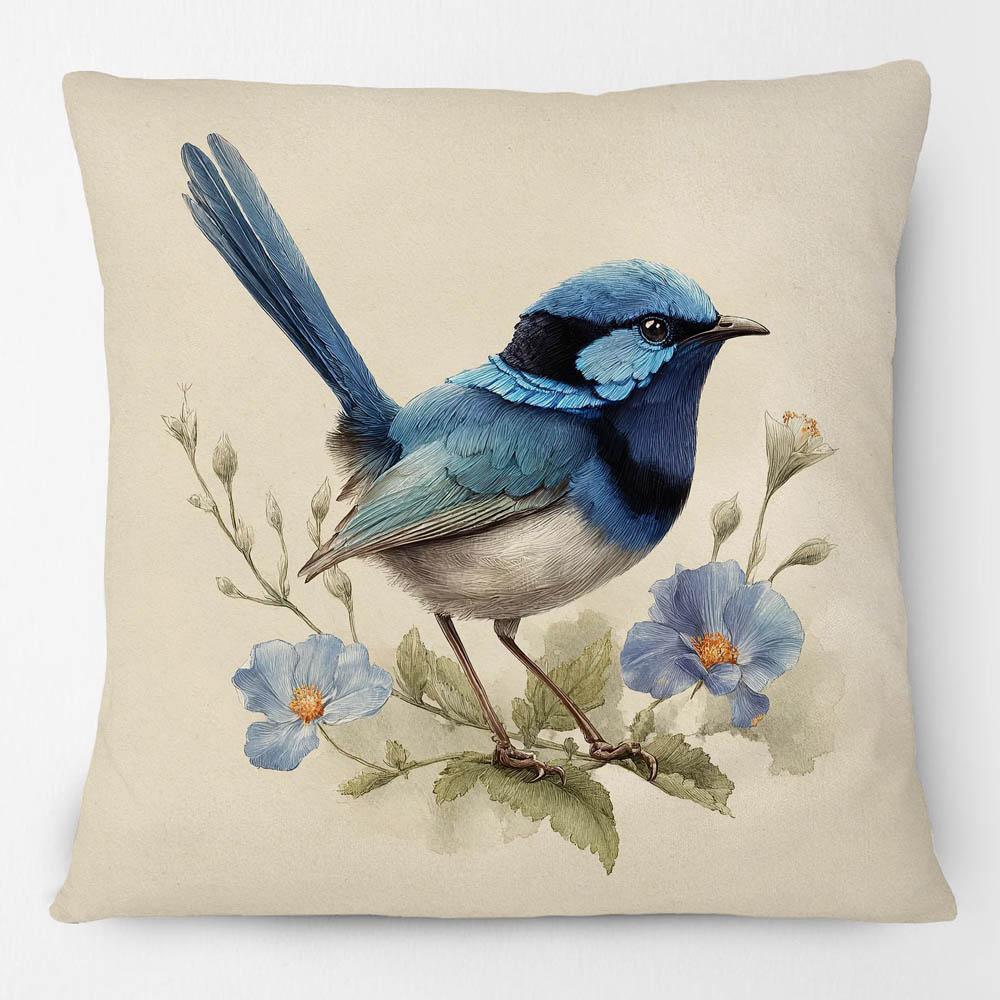 Australian Blue Wren With Flower Cushion Covers Bird Decor Sofa Decorative Pillowcase