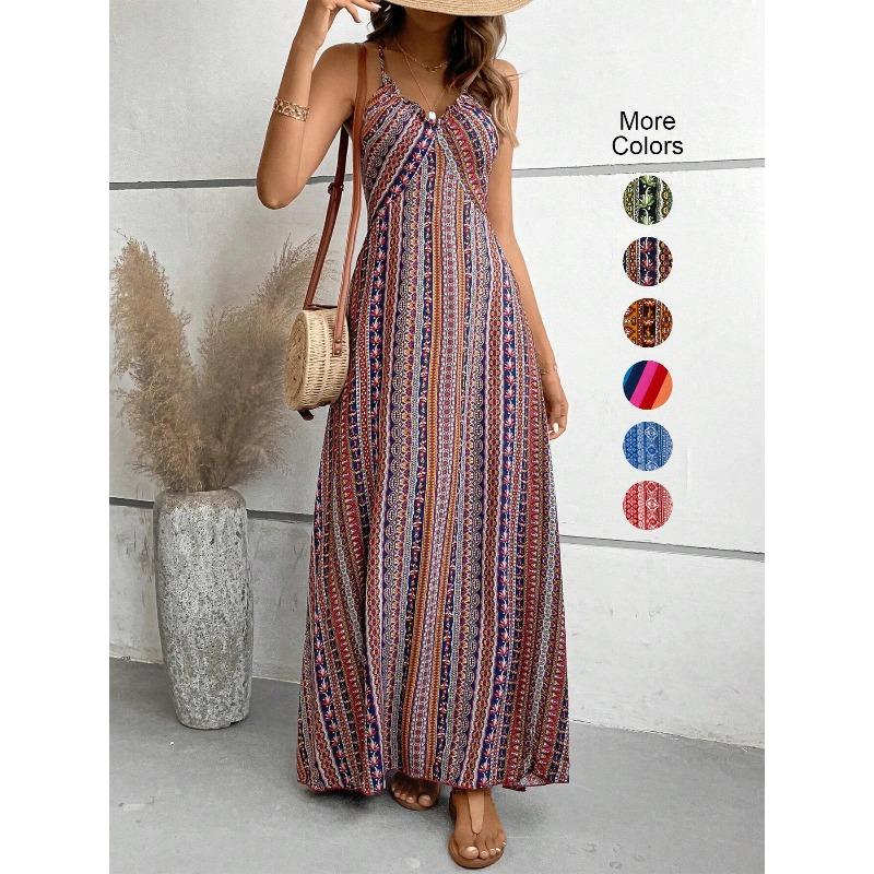 Women's Summer Ethnic Pattern Backless Split Thigh Dress Ladies Summer Clothes Fashion Frill Trim Long Dress Beach