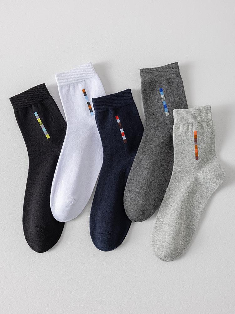5-Pair Men's Black Mid-Calf Socks: Pure Cotton, Sweat-Absorbent, Odor-Resistant, Comfortable for Business & Casual Wear, Ideal for Autumn & Winter.