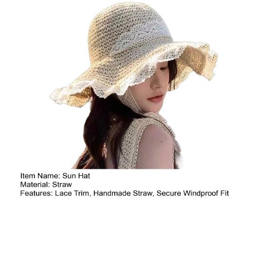 Sun Hat Windproof Large Brim Lace Trim Non-Slip Handmade Straw Hat with Straps Face Shaping Summer Beach