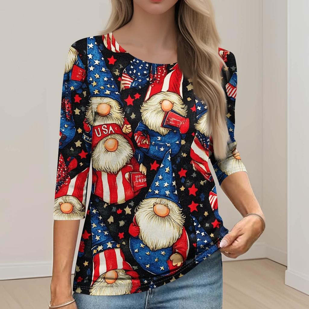 Women's Fashion Casual Round Neck 3/4 Sleeve Loose Printed T-Shirt Ladies Top