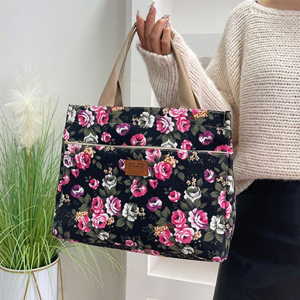 Zipper Floral Print Tote Bag Portable Mommy Bag Portable Canvas Lunch Bag  For Mom