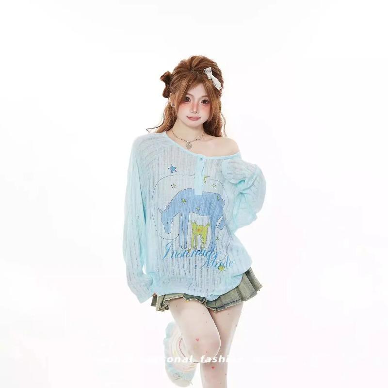 

Womens Light Blue Graphic Print Loose Long-Sleeve T-Shirt S синий