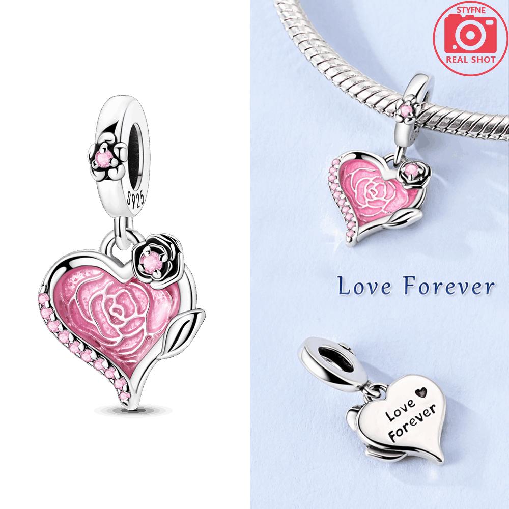 Rose Flower Pink Pendant Heart Green Zircon Wing Original Copper Bead Fit Bracelet Delicate Acessory Women Diy Gift Jewelry