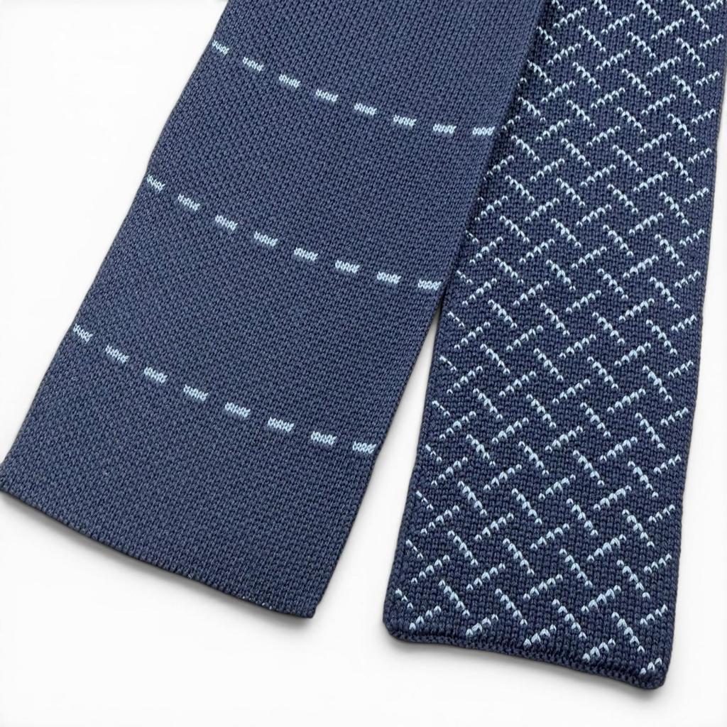 Excellent HERMES Tie Border Cross Pattern Knit Tie Reversible Navy Silk Mens Used