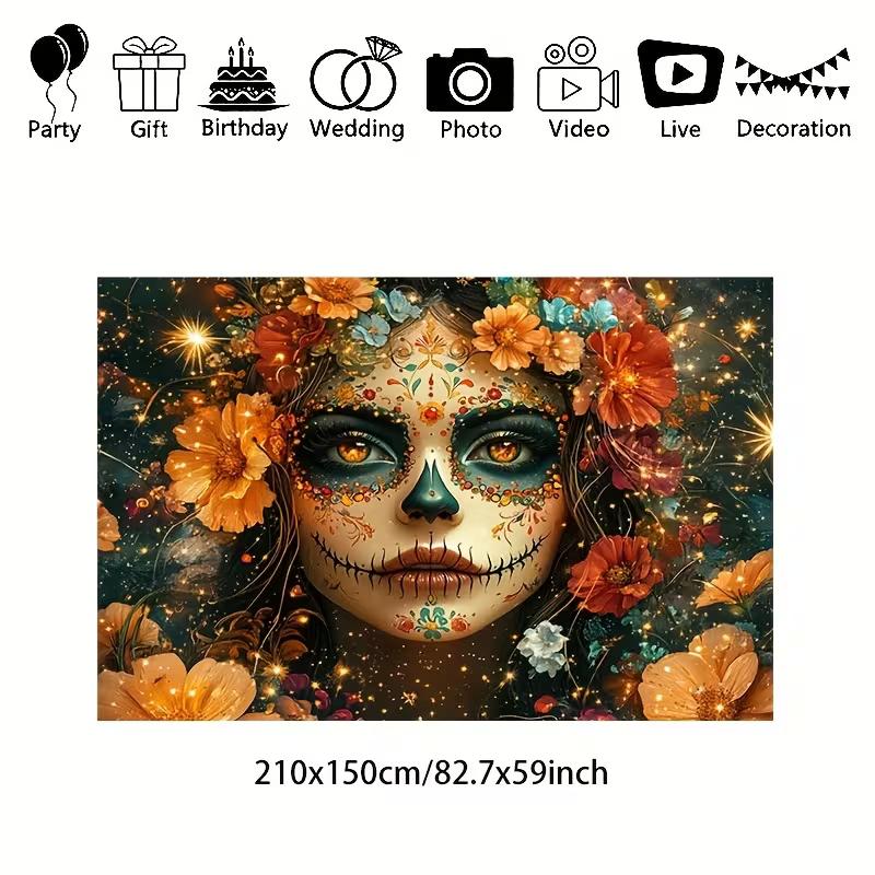 2D Floral Sugar Skull Backdrop for Day of the Dead & Halloween Events