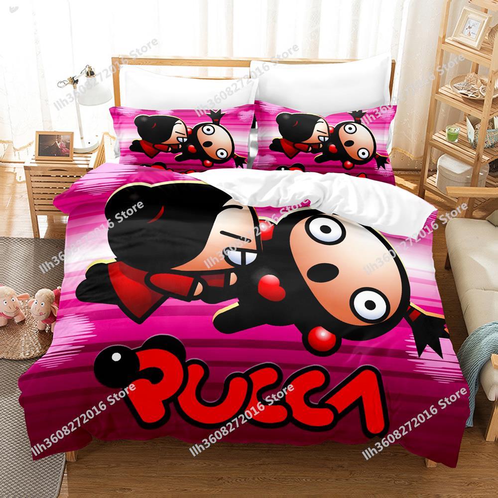 Kawaii Pucca Bedding Set Single Twin Full Queen King Size Bed Set Adult Kid Bedroom Duvetcover Sets 3D Print Anime Bed Sheet Set