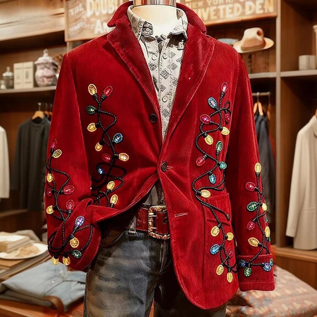 Men's Printed Corduroy Warm Pocket Suit Jacket Cardigan Men's Casual Suit