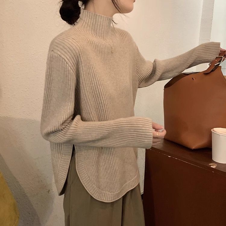 

Женский вязаный топ с разрезами и высоким воротником, весенний, модный, свободного кроя, с длинными рукавами, верхняя одежда XL абрикосовый