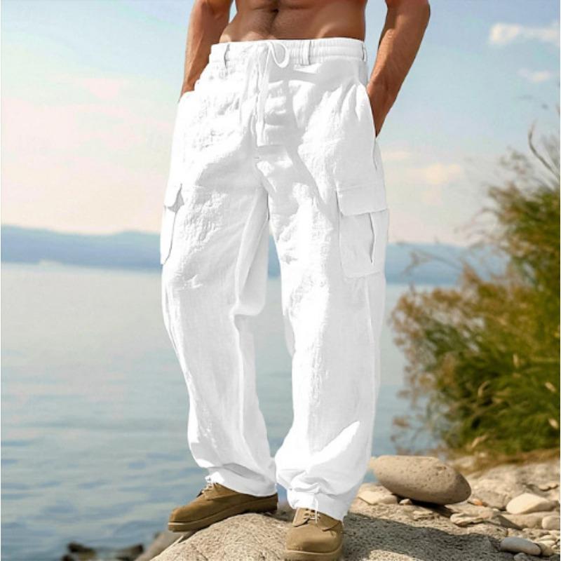 Amazon's new men's cotton and linen four-season thin breathable tooling multi-pocket loose casual trend wide-leg pants