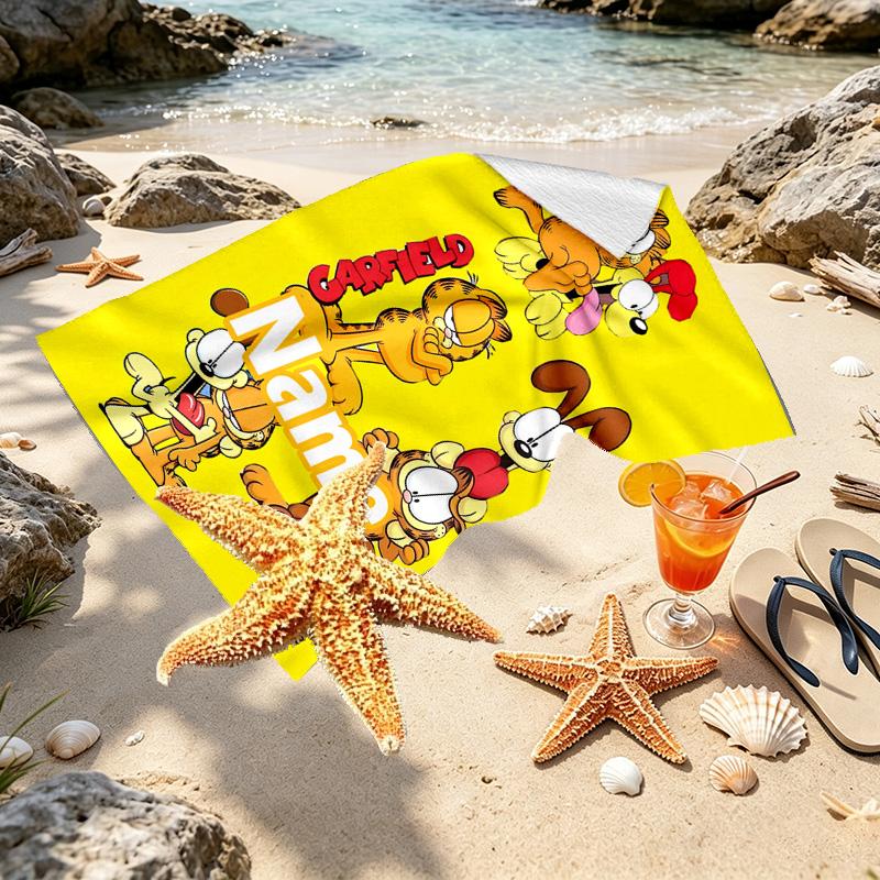 Custom Name Personalized Garfield Print Beach Towel, for Trip Camping Beach Party Home Decor, Birthday Gift for Family & Friends