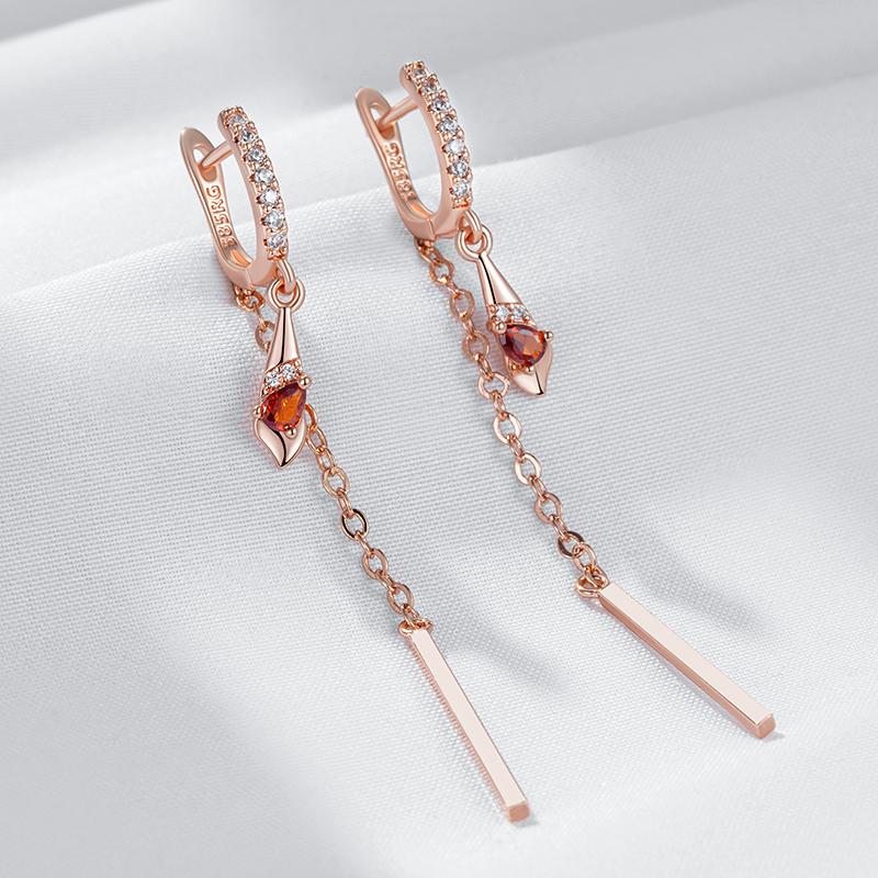 Trend Long Tassel Dangle Earrings For Women Fashion  Rose Gold Color With Red Natural Zircon Fine Daily Jewelry