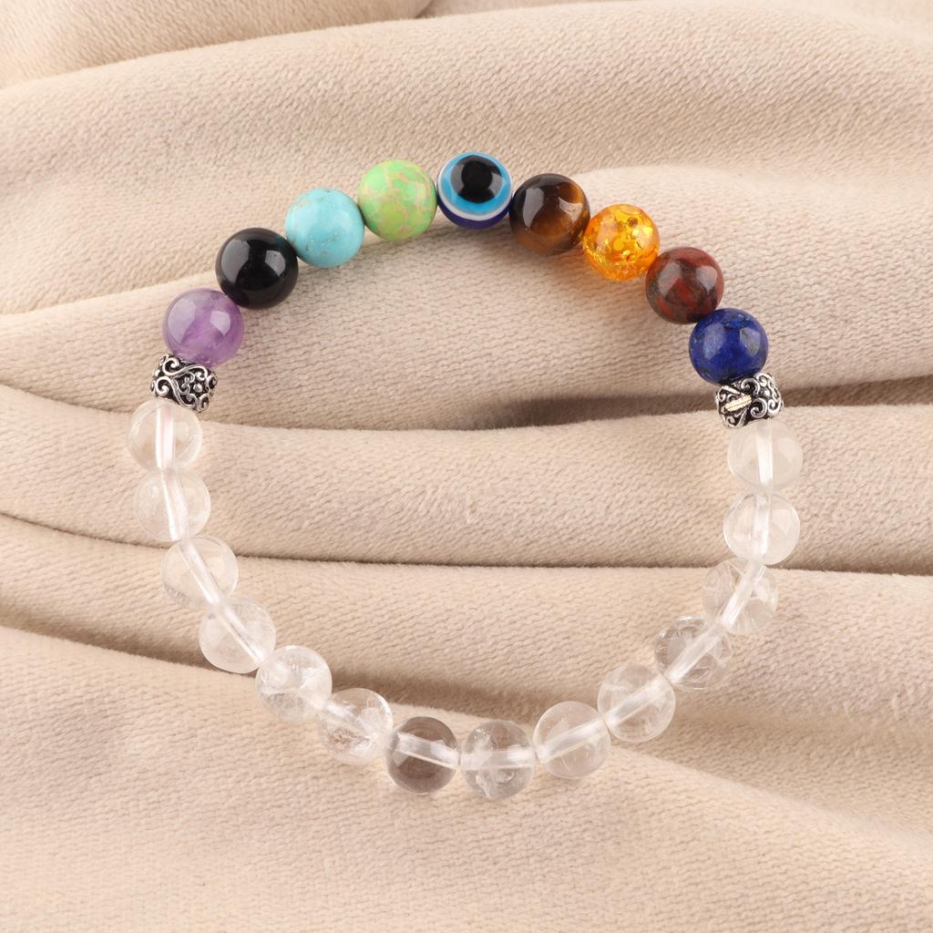 9 Chakra Naturstein Armband mit bösem Blick Perle, Klarer Quarz Mehrfarbiges Stretch-Armband für Männer und Frauen DB-15