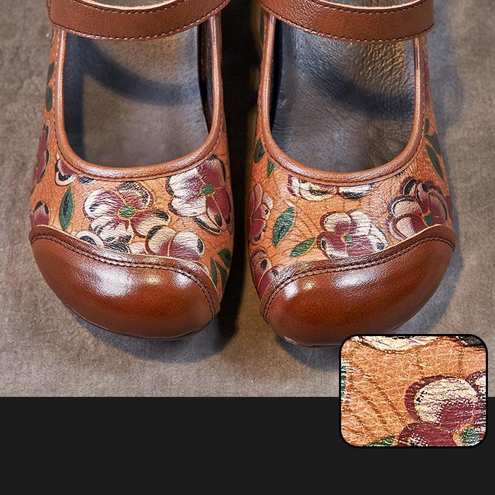 Johnature Pantofi de damă cu imprimeu în stil etnic, din piele naturală, cu vârf rotund, cu toc gros, cu talpă moale