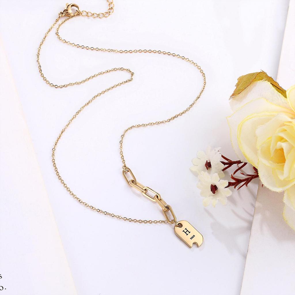 Retro European & American Fairy Titanium Steel Necklace, Women's 14k Water Wave Chain with Geometric Letter Cutout, s925 Design