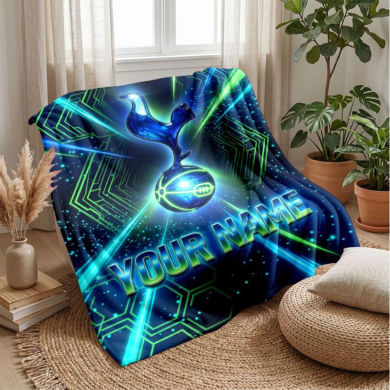 Tottenham Hotspur FC Custom Name Text Flannel Blanket Soccer Logo Personalized Fleece Throw Blanket Special Gift For Sofa Bedroom Home