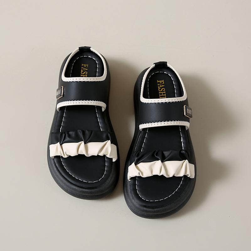 Soft leather one-word pleated sandals women's summer 2025 new Velcro platform beach sandals women's summer