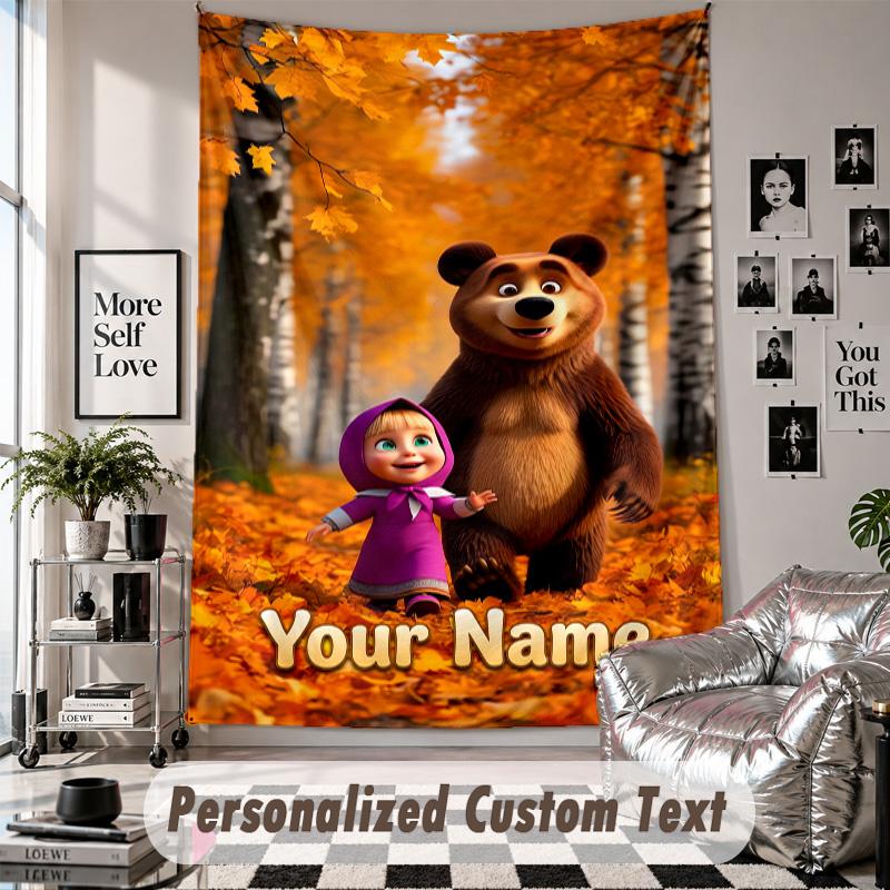 Wall Hanging Tapestry With Custom Name & Text, Masha and the Bear Decorative Tapestry For Bedroom