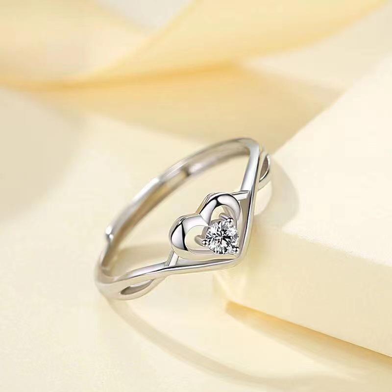 Korean Style Fashion Hollow Double Love Heart Inlaid Diamond Open Ring for Women