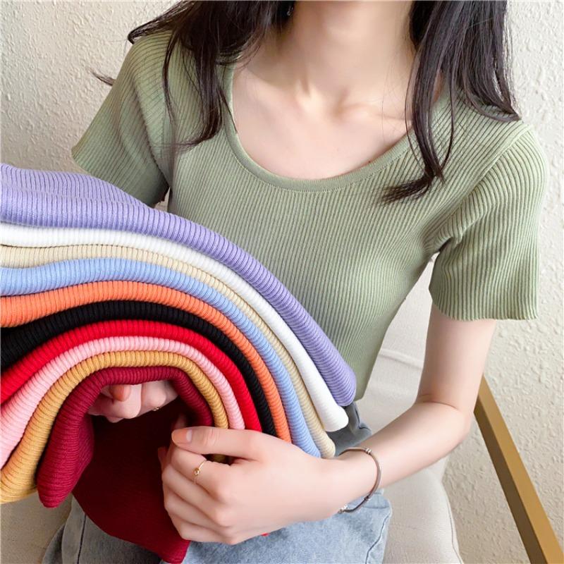 New Summer Round Neck Knitted Short Sleeve T-shirt Women Slim Fit Elastic Solid Casual Women's T Shirts Tops Fashion Elegant Simple Female Tee 26319