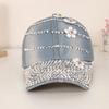 Cap with Full Diamond-shaped Curved Sequin Strips and Flower Pattern, Denim Baseball Cap, for Shopping and Taking Photos