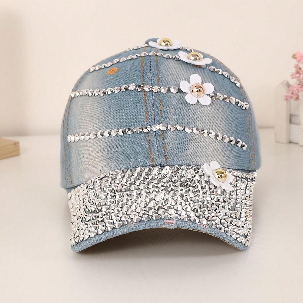 Cap with Full Diamond-shaped Curved Sequin Strips and Flower Pattern, Denim Baseball Cap, for Shopping and Taking Photos