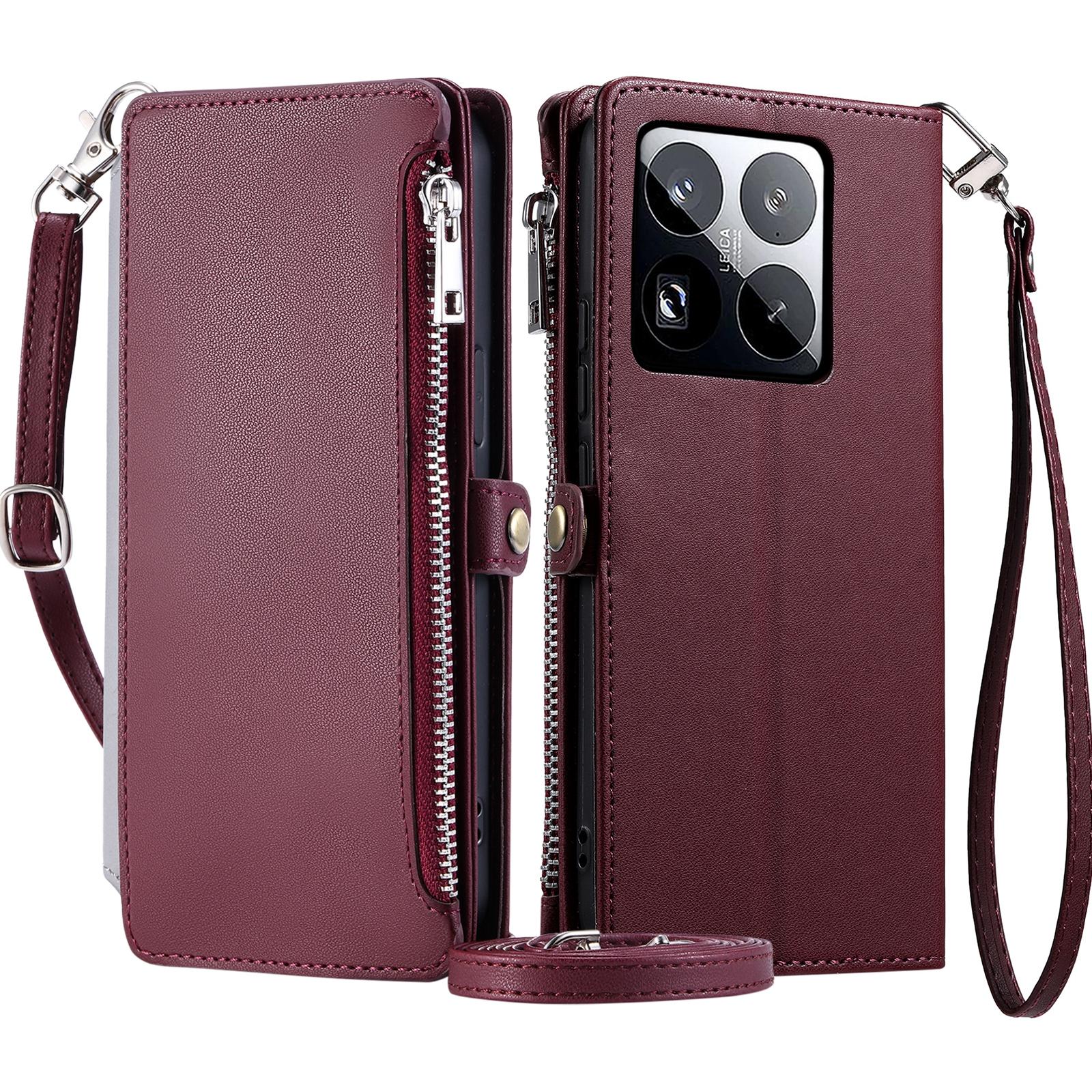 

015 Style For Xiaomi 15 Pro Case TPU+PU Leather Wallet Phone Cover with Straps Wine Red