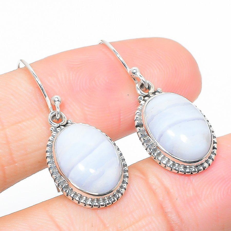 Natural Blue Lace Agate Gemstone 925 Solid Sterling Silver Earring 1.25" D1b25