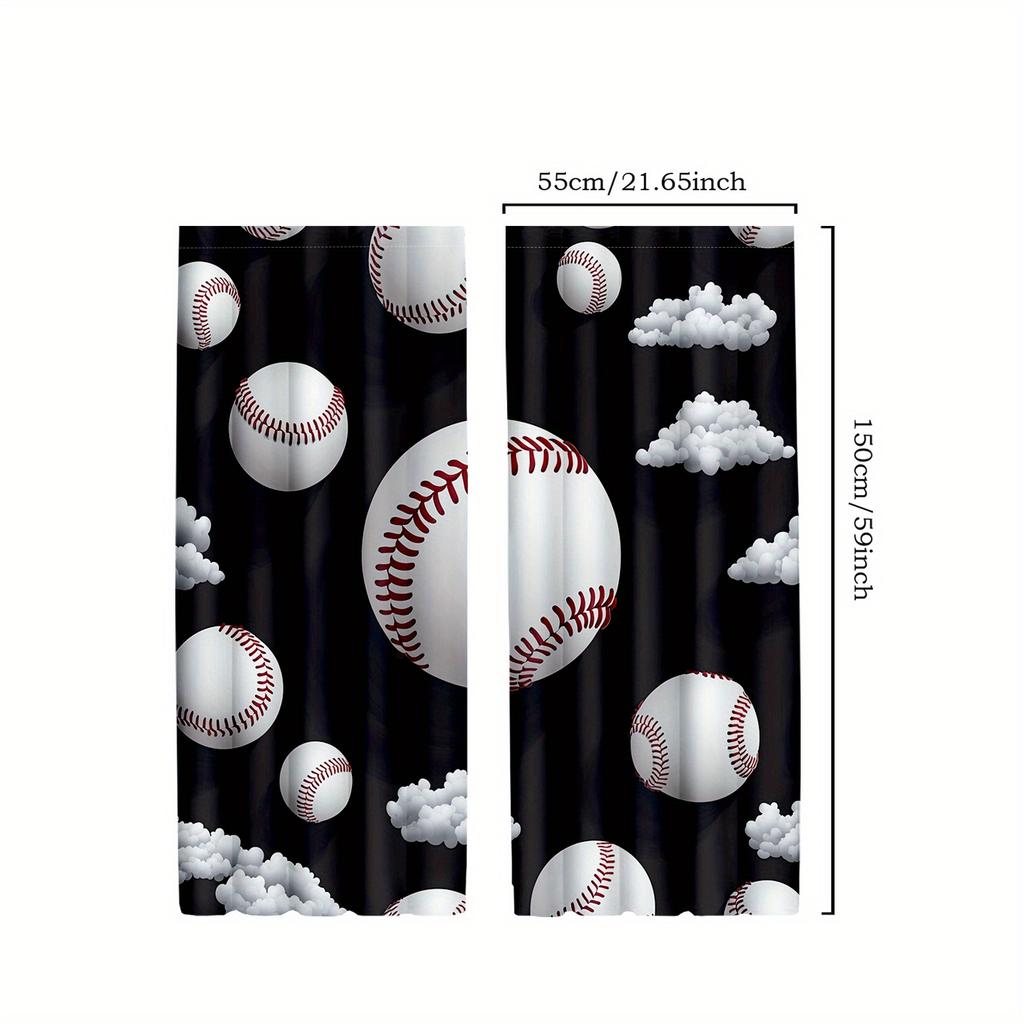 2pcs Classic Baseball Ball Polyester Curtains, Sports Themed Drapes In White, Gray, and Red for Game Rooms, Home Decor