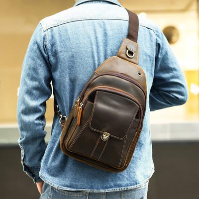 Sac en cuir véritable vintage Crazy Horse pour homme, sac de poitrine en cuir Crazy Horse, sac à bandoulière multifonctionnel de voyage, sac à bandoulière décontracté à la mode