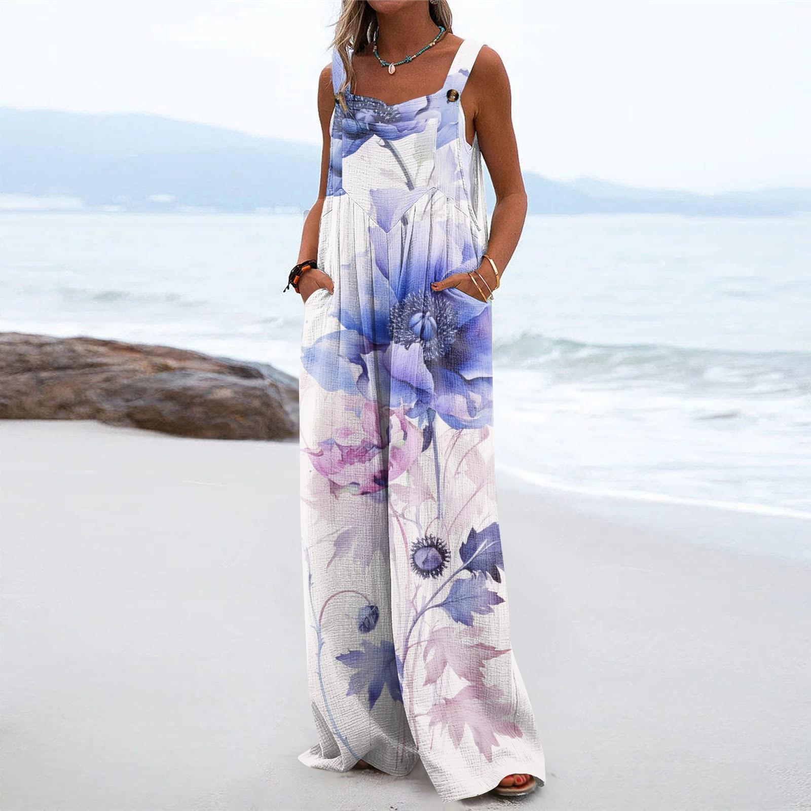 

Women s Wide Leg Jumpsuit Casual Loose Sleeveless Jumpsuit Regular Printed Button Long Pants Pocket Jumpsuit L