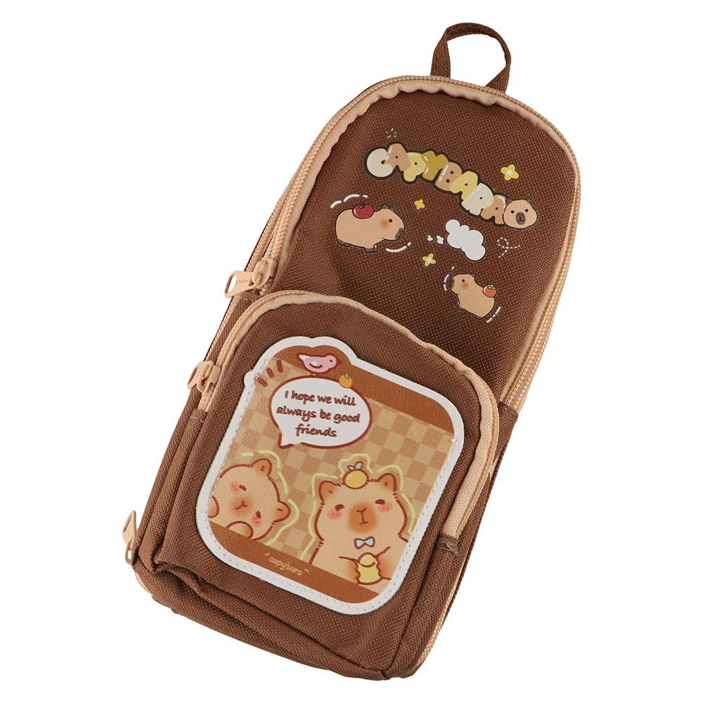 

Canvas Schoolbag Pencil Case Six-layered Stationery Bag Capybara Pencil Bag Friend Gift колір світло кави