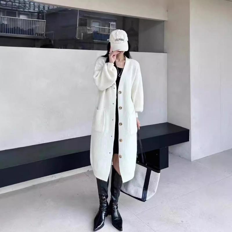 Autumn new solid color loose lazy wind pocket knitted cardigan long casual sweater jacket women