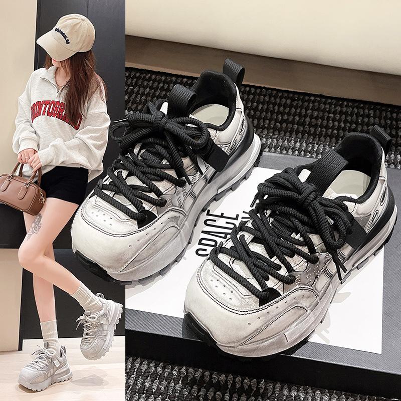 2025 Autumn New Korean Version Ins Retro Polished Leather Dad Shoes Thick-soled Round Head Lace-up Comfortable Versatile Forrest Gump Shoes