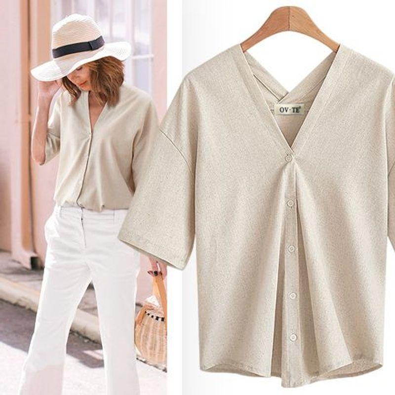 

Summer New Arrival Fashion European Station V Neck plus Size Women s Shirt Elegant Cotton and Linen Loose Slim Looking Short-Sleeved Shirt White Plus size 2XL(Plus size 2XL)