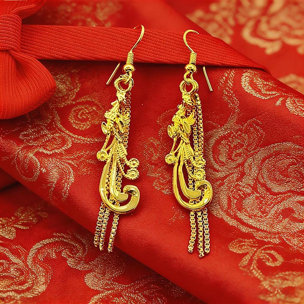 Golden Peacock Tassel Earrings, Ethnic Style Earrings, Phoenix Ear Hooks, Daily Tassel Personality Vintage Elegant Accessories