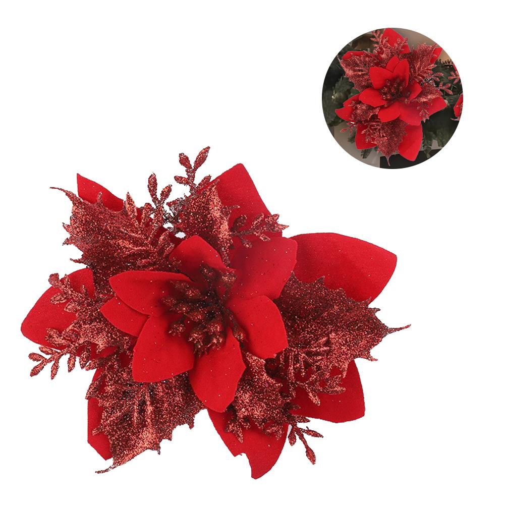 10/20Pcs Artificial Poinsettia Flowers 15cm Glitter Powder Flower Heads for Christmas New Year Party Supplies