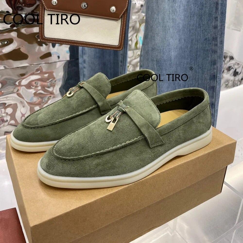 Woman Flat Shoes Slip On Women Loafers Leather Metal Lock Blue Suede Moccasins Mules Casual Driving Shoe Summer Walk Shoes Femme